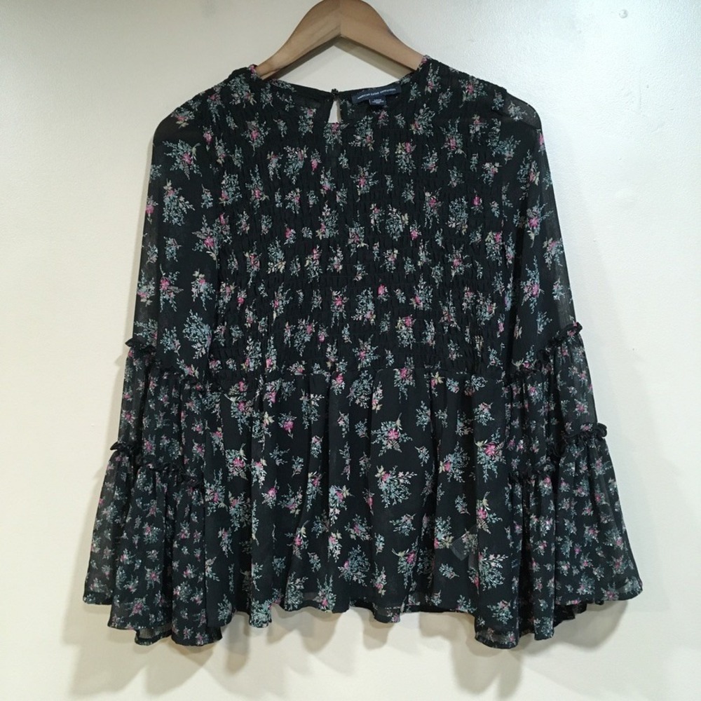 American Eagle Dark Floral Bell Sleeve Blouse Womens S Black Sheer Whimsigoth